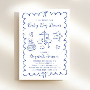 Whimsical Blue Wavy Frame Baby Boy Shower Invitation