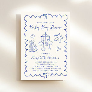 Whimsical Blue Wavy Frame Baby Boy Shower Invitation