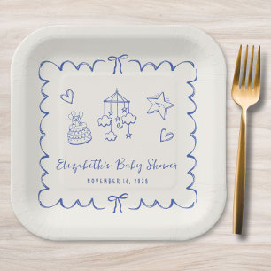 Whimsical Blue Wavy Frame Baby Boy Shower Paper Plate