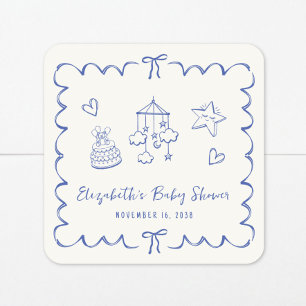 Whimsical Blue Wavy Frame Baby Boy Shower Square Sticker