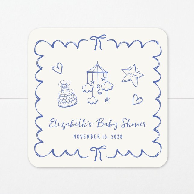Whimsical Blue Wavy Frame Baby Boy Shower Square Sticker (Creator Uploaded)