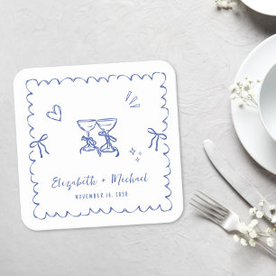 Whimsical Blue Wavy Frame Wedding Square Paper Coaster