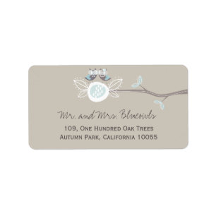 Whimsical Blue Wedding Owls On Tree Branch Address Label