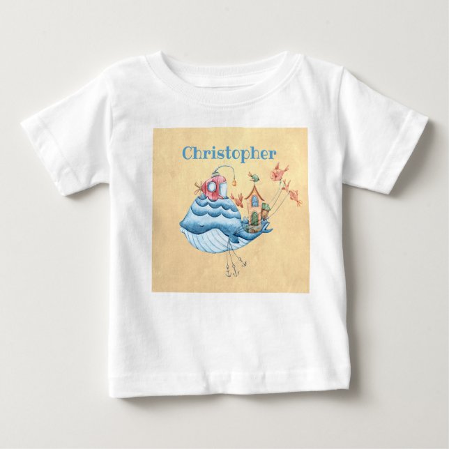 Whimsical Blue Whale, Submarine, House And Fish Baby T-Shirt (Front)