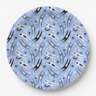 Whimsical Blue White Black Cartoon Cat Pattern Paper Plate