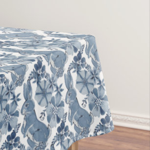 Whimsical Blue White Bunny Rabbit Floral Pattern Tablecloth