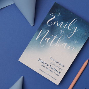 Whimsical Blue White Snowflake Elegance Wedding Announcement Postcard