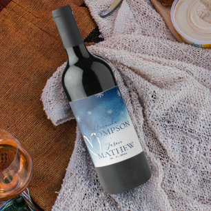 Whimsical Blue White Snowflake Wedding Wine Label