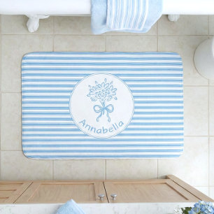 Whimsical Blue White Stripe Preppy Monogram Bath Mat