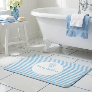 Whimsical Blue White Stripe Preppy Monogram Bath Mat