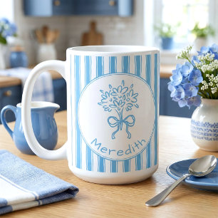 Whimsical Blue White Stripe Preppy Monogram Coffee Mug