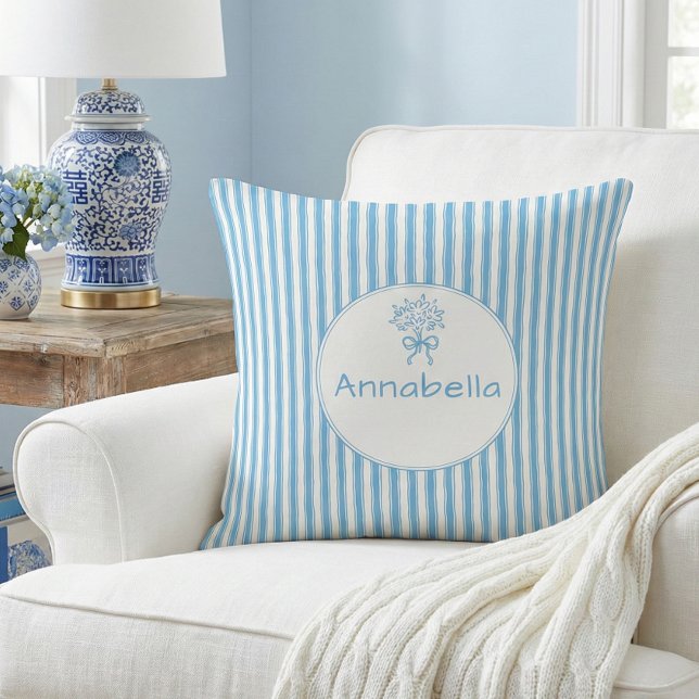 Whimsical Blue White Stripe Preppy Monogram Cushion (Creator Uploaded)