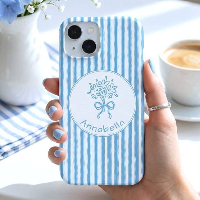 Whimsical Blue White Stripe Preppy Monogram iPhone 15 Case (Creator Uploaded)
