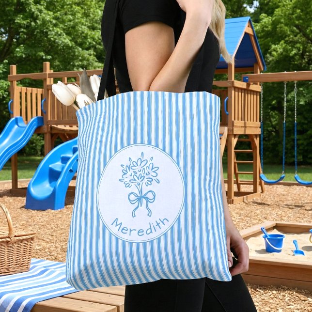 Whimsical Blue White Stripe Preppy Monogram Tote Bag (Creator Uploaded)