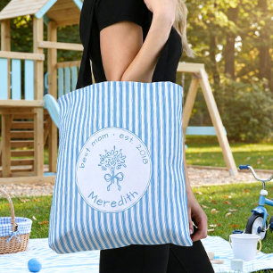 Whimsical Blue White Stripe Preppy Mum Established Tote Bag