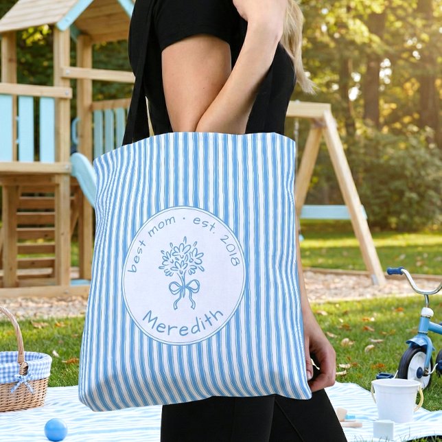 Whimsical Blue White Stripe Preppy Mum Established Tote Bag (Creator Uploaded)