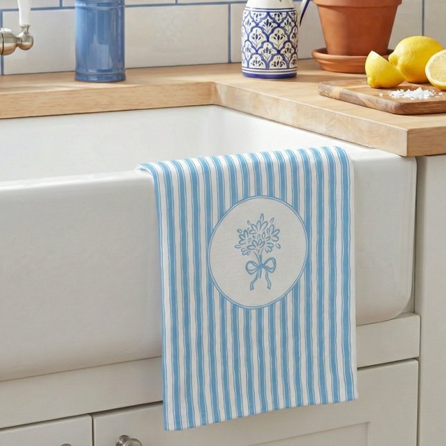 Whimsical Blue White Stripe Preppy Tea Towel (Creator Uploaded)