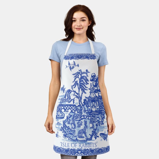 Whimsical Blue Willow Isle of Rabbits Animal Fun Apron (Worn)