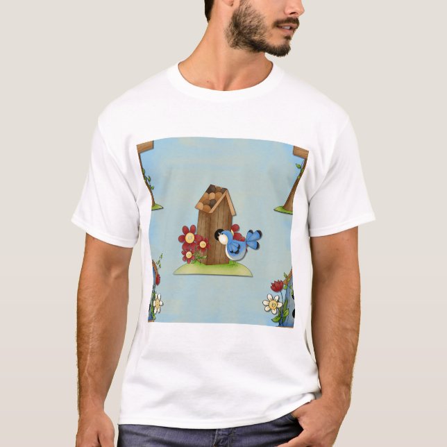 Whimsical Bluebird and Birdhouse Cute Spring T-Shirt (Front)