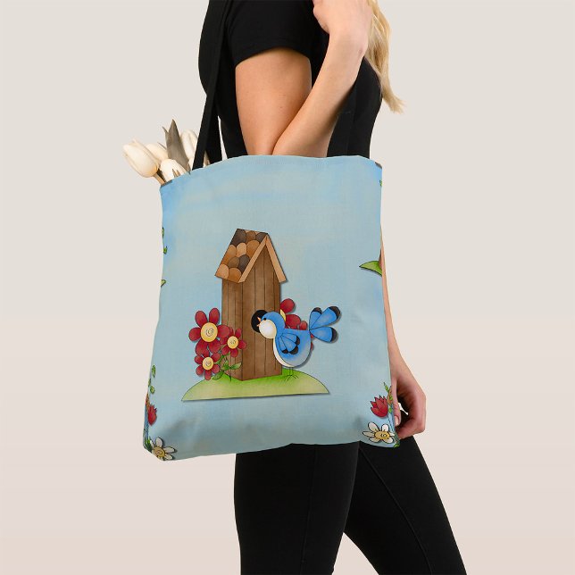 Whimsical Bluebird and Birdhouse Cute Spring Tote Bag (Creator Uploaded)