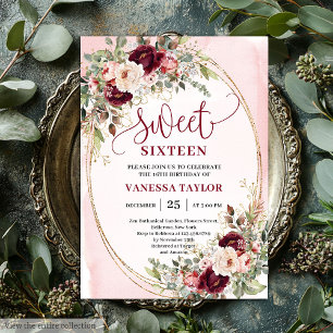 Whimsical Blush Burgundy Roses Sweet Sixteen Card