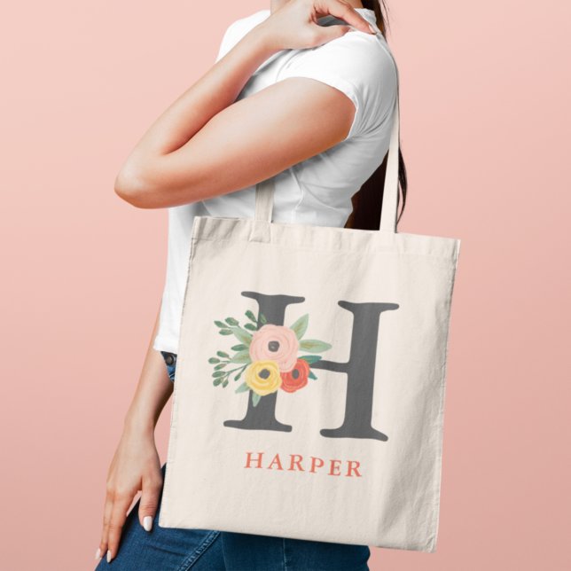 Whimsical Blush Coral Floral Monogram Name Tote Bag (Creator Uploaded)