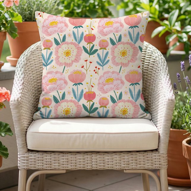 Whimsical Blush Peonies Summer Floral Pattern Cushion (Creator Uploaded)