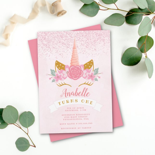Whimsical Blush Pink Rainbow Unicorn Birthday Invitation (Creator Uploaded)