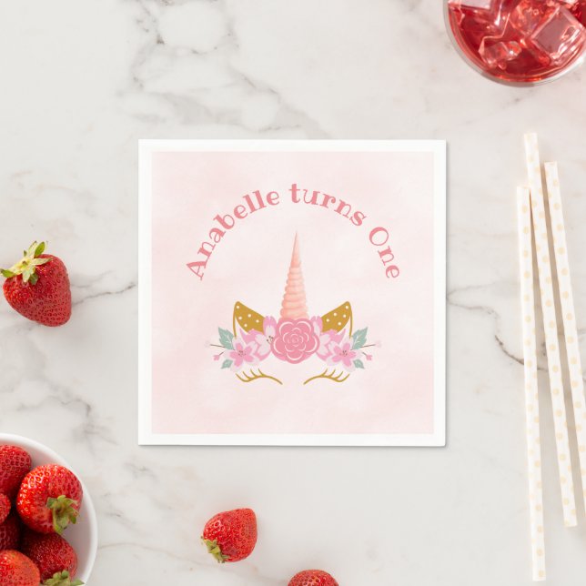 Whimsical Blush Pink Unicorn Birthday Napkin (Insitu)