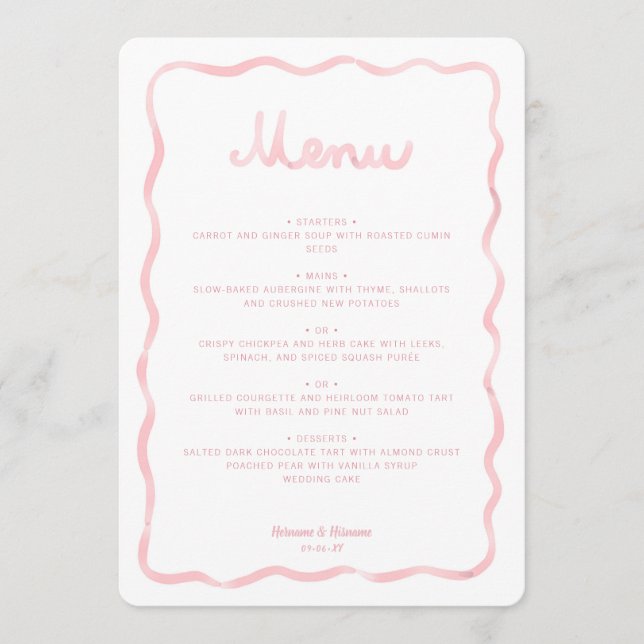 Whimsical Blush Pink White Wavy Frame Wedding Menu (Front)