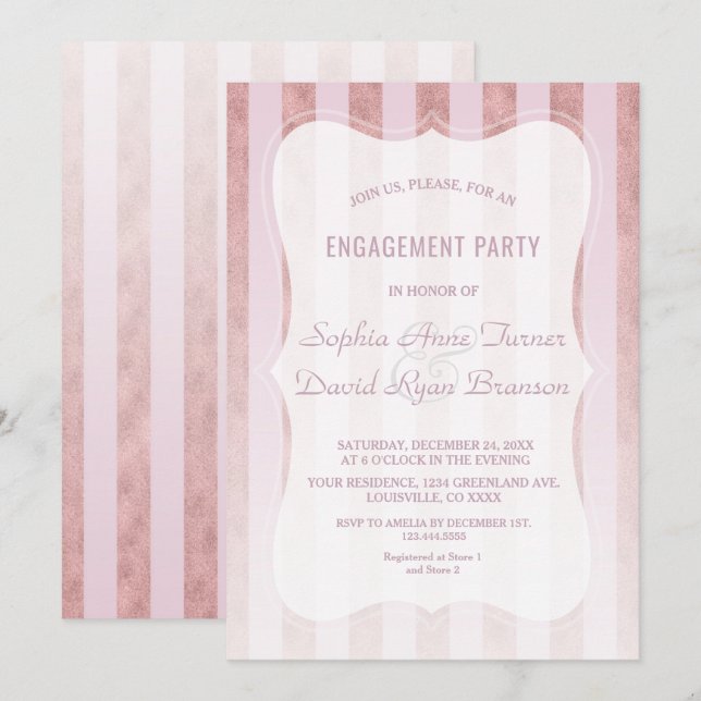 Whimsical Blush Rose Gold Stripes Engagement Party Invitation (Front/Back)
