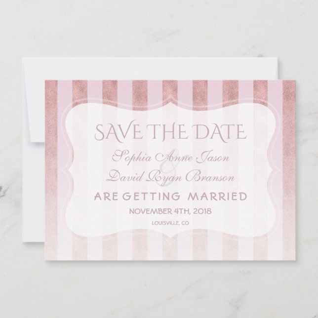 Whimsical Blush Rose Gold Stripes Wedding Save The Date (Front)