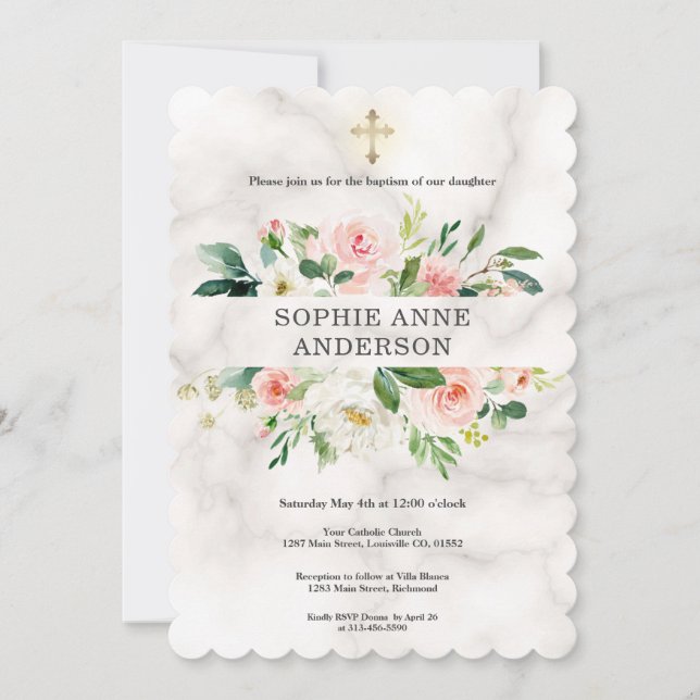 Whimsical Blush White Flowers Cross Girl Baptism Invitation (Front)