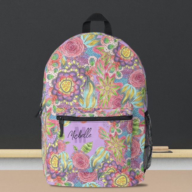 Whimsical Bohemian Colourful Flowers on Purple Printed Backpack (Creator Uploaded)