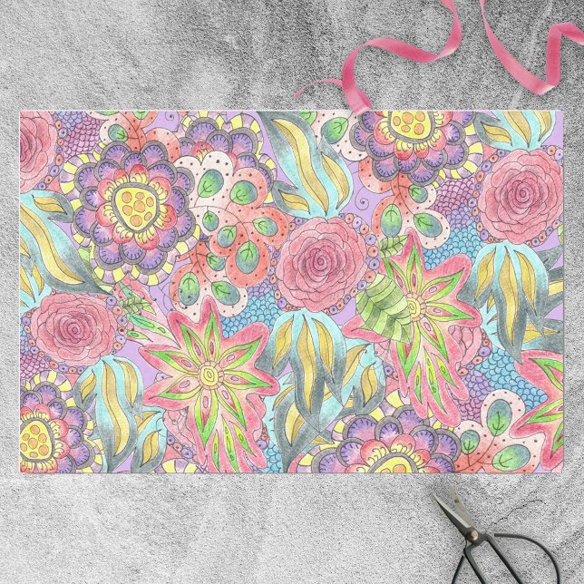 Whimsical Bohemian Colourful Flowers on Purple Tissue Paper (Creator Uploaded)