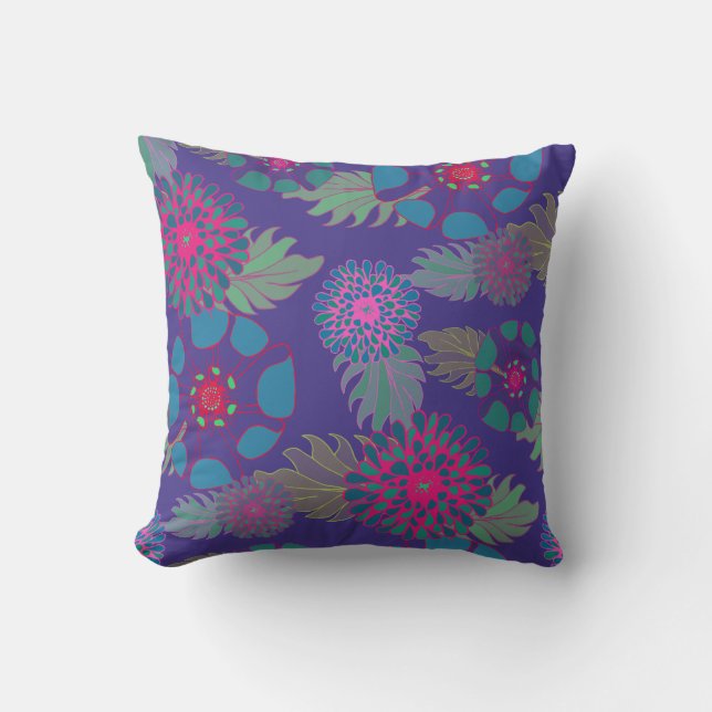 Whimsical Bohemian Floral Pattern Purple Cushion (Front)