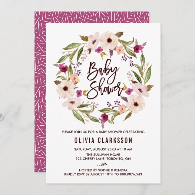 Whimsical Bohemian Floral Wreath Baby Shower Invitation (Front/Back)