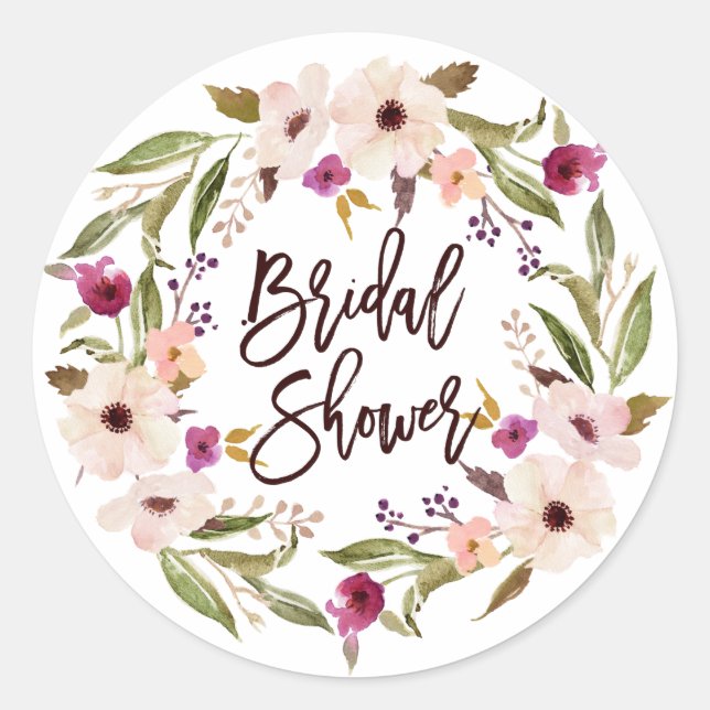 Whimsical Bohemian Floral Wreath Bridal Shower Classic Round Sticker (Front)