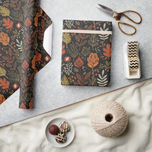 Whimsical Boho Autumn Leaves on Black Wrapping Paper (Crafts)