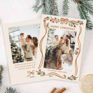 Whimsical Boho Beige Christmas Bow Ribbon 2 Photo Holiday Card