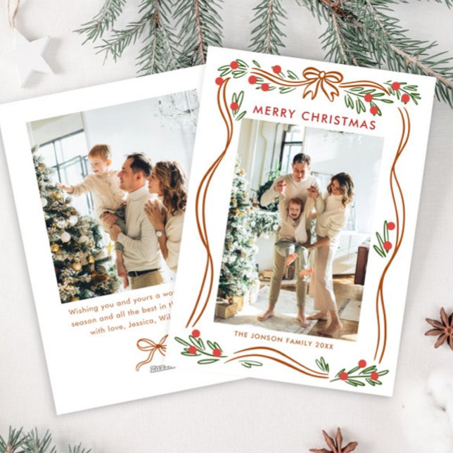 Whimsical Boho Beige Christmas Bow Ribbon 2 Photo Holiday Card (Creator Uploaded)