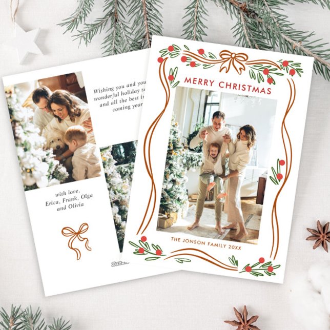 Whimsical Boho Beige Christmas Bow Ribbon 3 Photo Holiday Card (Creator Uploaded)