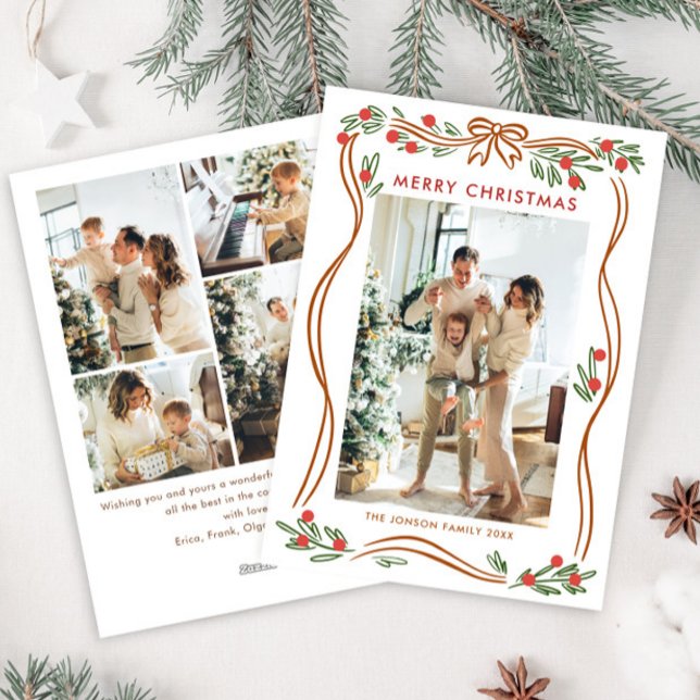 Whimsical Boho Beige Christmas Bow Ribbon 5 Photo Holiday Card (Creator Uploaded)