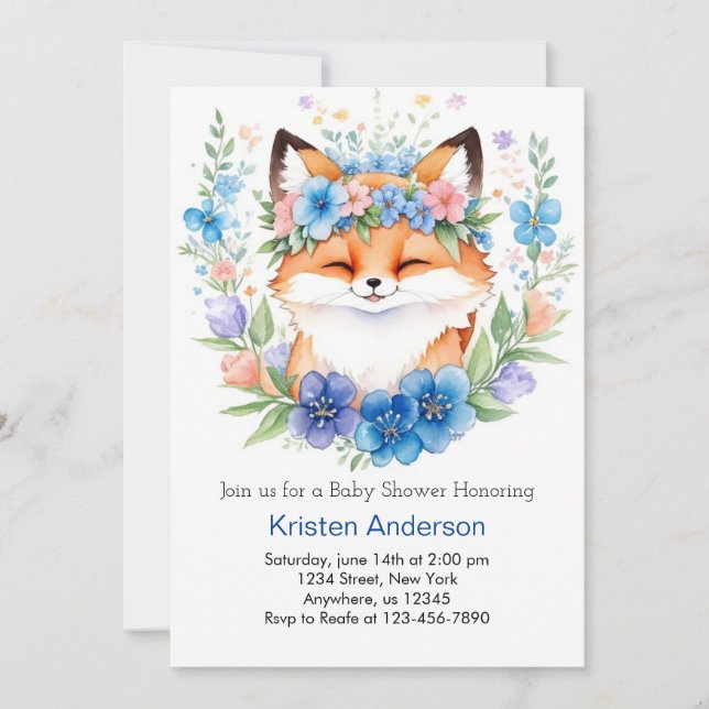 Whimsical Boho Blue Fox Meadow Boy Baby Shower Invitation (Front)