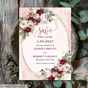 Whimsical Boho Burgundy Blush Gold Floral Date Invitation