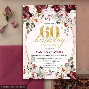 Whimsical Boho Burgundy Floral 60th Birthday Card