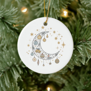 Whimsical Boho Celestial Christmas Moon & Stars Ceramic Ornament