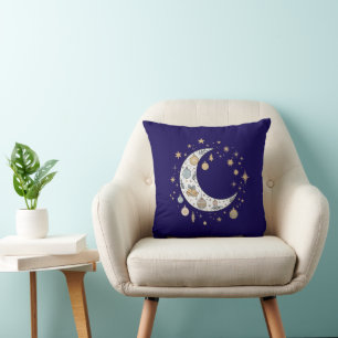 Whimsical Boho Celestial Christmas Moon & Stars Cushion