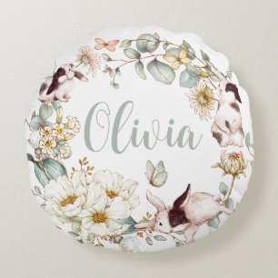 Whimsical Boho Chic Bunny Rabbit Botanical Floral  Round Cushion