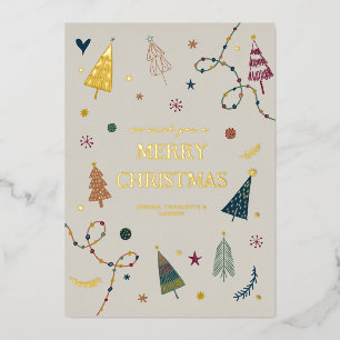 Whimsical Boho Christmas Trees Gold Holiday Card